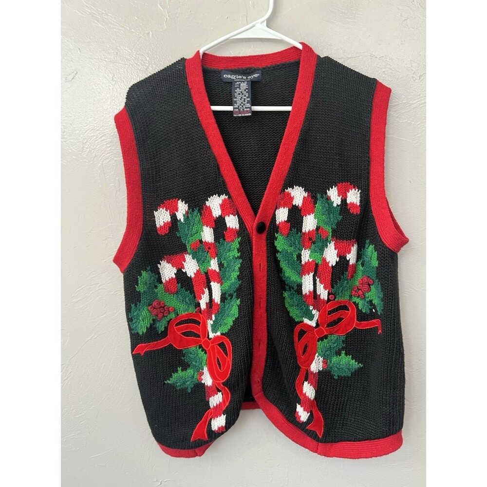 Vintage Womans Eagle Eye Vest Large Candy Cane Bow Christmas Holiday 1994 Top